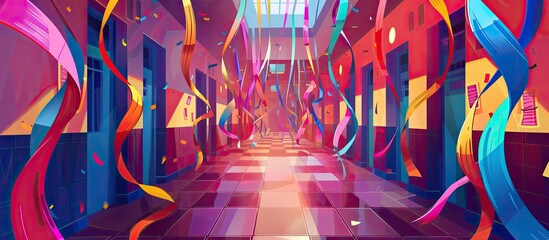 A hallway adorned with vibrant magenta ribbons and electric blue confetti, creating a fun and artistic atmosphere. The symmetry of colors and decorations adds to the entertainment of the event - obrazy, fototapety, plakaty