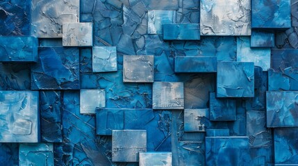 A blue sea wall with squares of different sizes and textures, The background is a white wall with geometric patterns, showcasing the beauty of the patterned texture. - obrazy, fototapety, plakaty