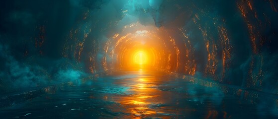Eerie tunnel with dim light at end creates mysterious captivating atmosphere. Concept Eerie Setting, Tunnel Photography, Dim Lighting, Mysterious Atmosphere - obrazy, fototapety, plakaty
