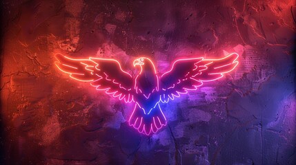3D render of glowing neon eagle symbol on a randomly colored background
