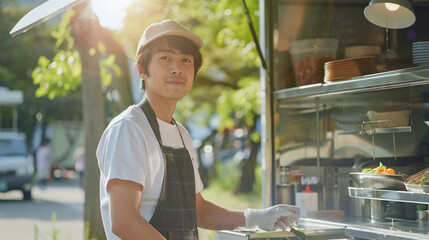 Young smiling Asian man preparing local delicious food in a van on wheels - obrazy, fototapety, plakaty