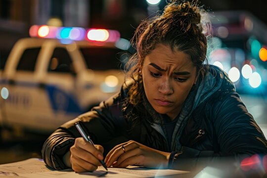 Woman filling out an accident report after a car wreck, concept of post-accident procedures and insurance