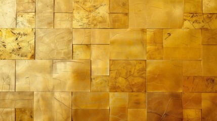 A golden yellow wall with squares of different sizes and textures, The background is a white wall...