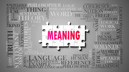 Meaning as a complex subject, related to important topics. Pictured as a puzzle and a word cloud made of most important ideas and phrases related to meaning. ,3d illustration