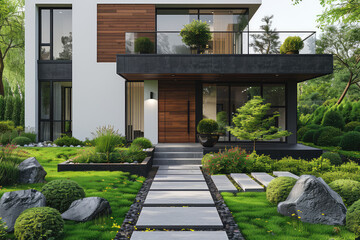 Modern house with white walls, black wood accents and green garden, stone path leading to the entrance, garden landscape design. Created with Ai