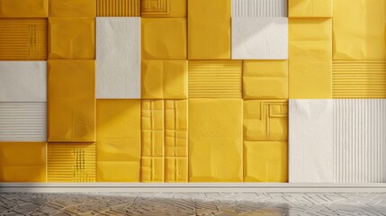 A mustard yellow wall with squares of different sizes and textures, The background is a white wall with geometric patterns, showcasing the beauty of the patterned texture