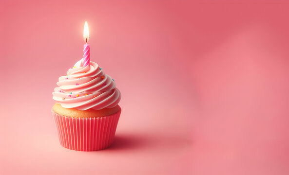 Cupcake with candle Watercolor illustration isolated on pink  background, generative ai