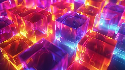 3D render of glowing neon prisms arranged in a pattern - obrazy, fototapety, plakaty
