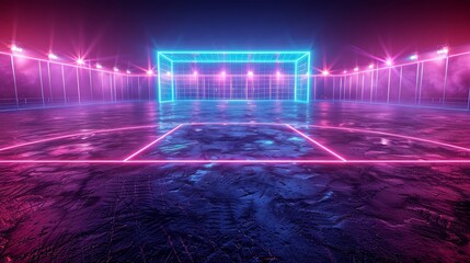 3D render of glowing neon soccer field on black background, in the style of futuristic