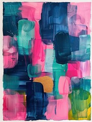 Background with pink, turquoise blue and green shapes Acrylic mono print painting - obrazy, fototapety, plakaty