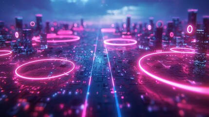 3D render of glowing neon torus rings intersecting in a futuristic cityscape - obrazy, fototapety, plakaty