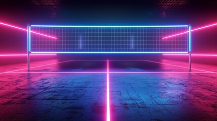 3D render of glowing neon volleyball court on black background, in the style of vibrant - obrazy, fototapety, plakaty