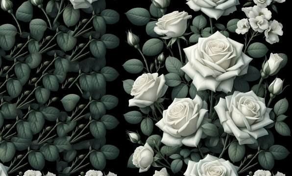 Close up of white roses on black background created using generative ai technology