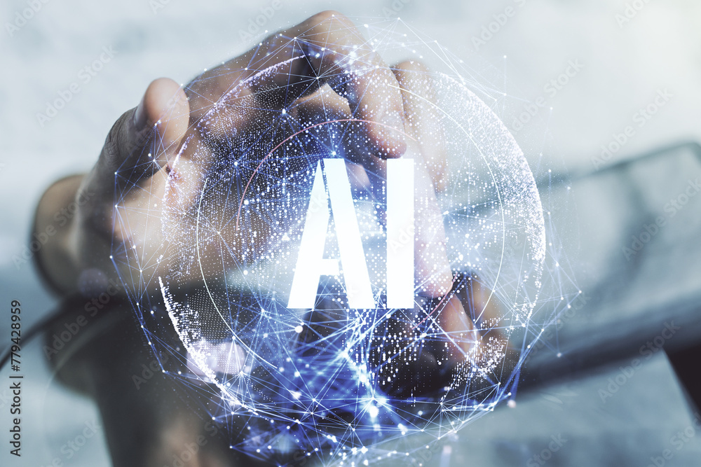Poster creative artificial intelligence symbol concept with finger presses on a digital tablet on backgroun