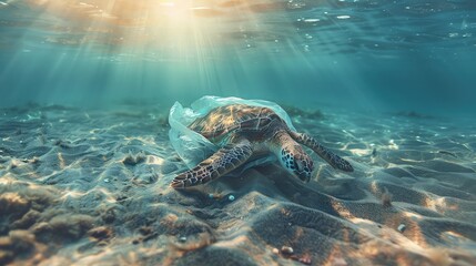 beauty of a green sea turtle gliding through the azure waters, juxtaposed with the harsh reality of pollution as plastic bags drift nearby. 