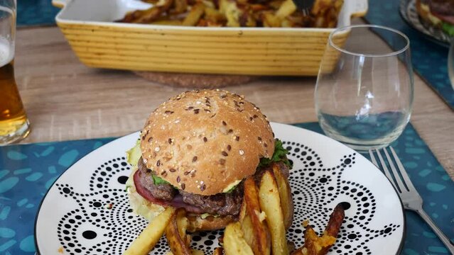 homemade hamburger with the french fries