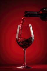 Red wine pouring into glass with splash against red background.