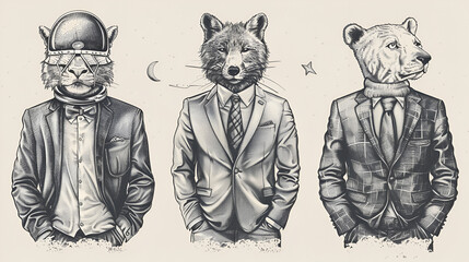 Fox and Rhino dressed up in Suit Cat astronaut, generative Ai