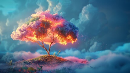 A 3D render of a colorful cloud with glowing neon, symbolizing the cycle of life