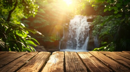 Golden hour on a wooden platform background by a picturesque waterfall