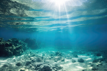 Fototapeta na wymiar Underwater Seascape with Sun Rays Penetrating Through the Surface