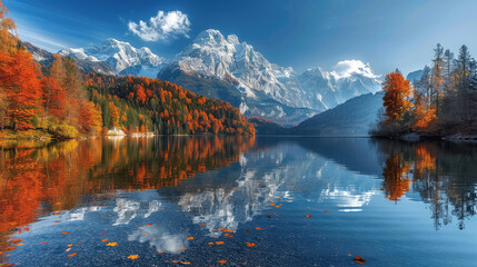 Beautiful landscape of lake, Autumn in the mountains. Created with Ai