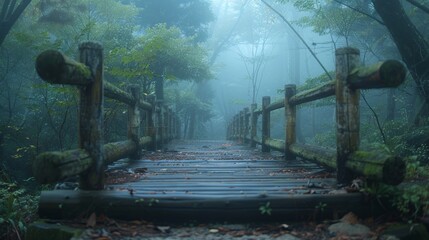 Morning mist hovering over a wooden bridge in the forest with a wooden platform background