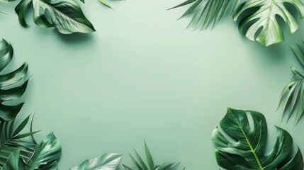 Pastel green colored tropical leaves on pastel green color solid background for product presentation, flat lay, minimalists style