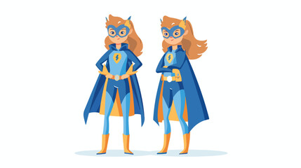 Kid superhero concept. Girl in blue costume with coat.