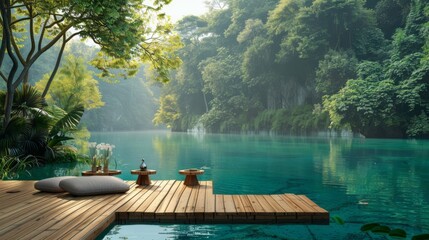 Relaxing retreat on a wooden dock surrounded by nature with a wooden platform background - obrazy, fototapety, plakaty