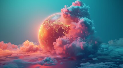 A 3D render of colorful cloud with glowing neon globes - obrazy, fototapety, plakaty