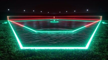 A 3D render of glowing neon baseball field on black background, in the style of electric green and intense red - obrazy, fototapety, plakaty