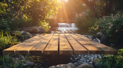 Sun-dappled wooden bridge over a bubbling brook with a wooden platform background