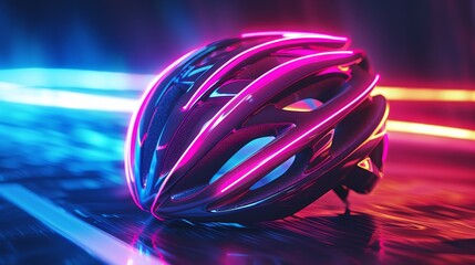 A 3D render of glowing neon cycling helmet symbol