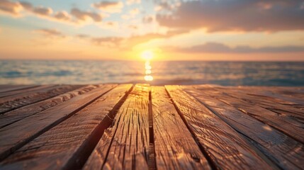 Sunset glow casting warm hues on a seaside wooden platform background