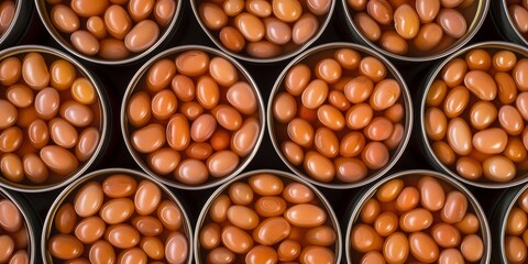 Overhead view of open tins of baked beans