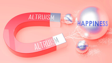 Altruism attracts Happiness. A magnet metaphor in which power of altruism attracts happiness. Cause and effect relation between altruism and happiness. ,3d illustration