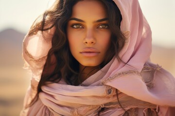 A young Bedouin woman, her veil gently fluttering in the desert breeze, showcasing the delicate intricacies of her pastel-hued garments - obrazy, fototapety, plakaty