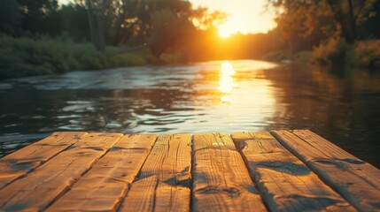 Sunset glow on a wooden platform background river - Powered by Adobe