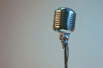 the retro microphone against a shimmering silver background, highlighting its vintage flair against...