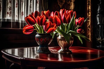 An upscale view of an antique side table with a porcelain vase filled with red flowers.