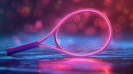 A 3D render of glowing neon tennis racket symbol