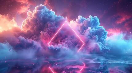 Obraz na płótnie Canvas A futuristic 3D render of a neon-lit cloud with geometric shapes, against a backdrop of electric blue