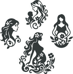 Vector beautiful women ornamental and floral series, vinyl ready. Stylized portraits of exquisite long haired ladies, pregnant women, mother with baby. Beauty, motherhood, health and happiness concept