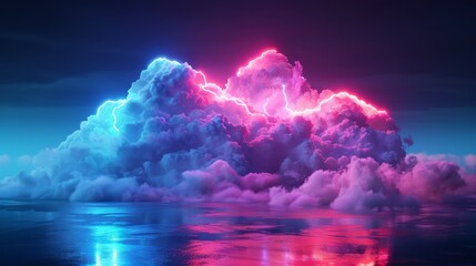 A futuristic 3D render of a neon-lit cloud with geometric shapes, against a backdrop of electric blue - obrazy, fototapety, plakaty