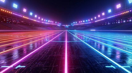 Fototapeta na wymiar A futuristic 3D render of glowing neon track and field on a black background
