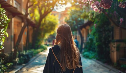 Woman walking down street next to trees. The concept of graduation and achievements.