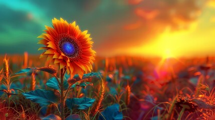Fototapeta na wymiar A radiant neon sunflower standing tall in a field of glowing grass under a rainbow sky