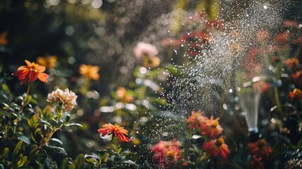 Fototapeta na wymiar Vibrant garden flowers being watered by a sprinkler, with water droplets catching the sunlight.