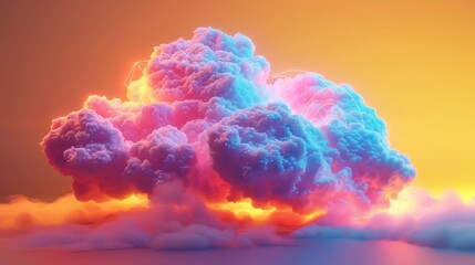 A vibrant 3D render of a neon-lit cloud with geometric designs